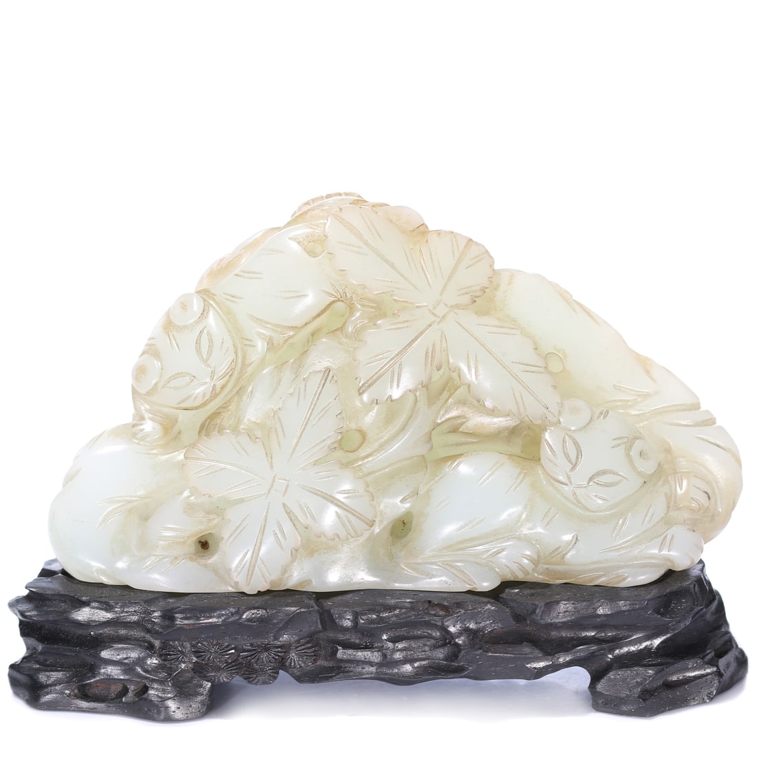 A Chinese White Jade Carved Mythical Beast Ornament With Stand: 10 x 5.5 cm, height including accessories 7 cm.