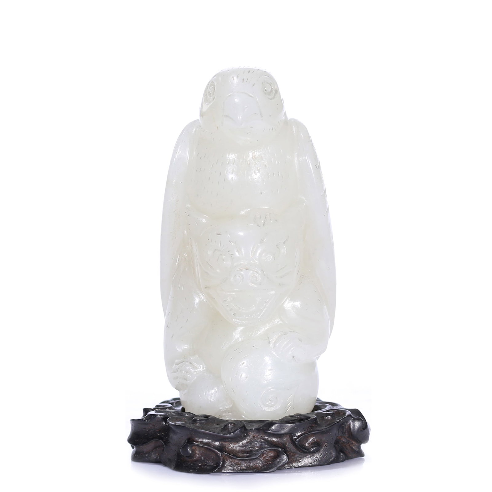 A Chinese White Jade Carved Mythical Beast Figure With Stand: 65 x 31 x 28 mm, height including accessories 70 mm.