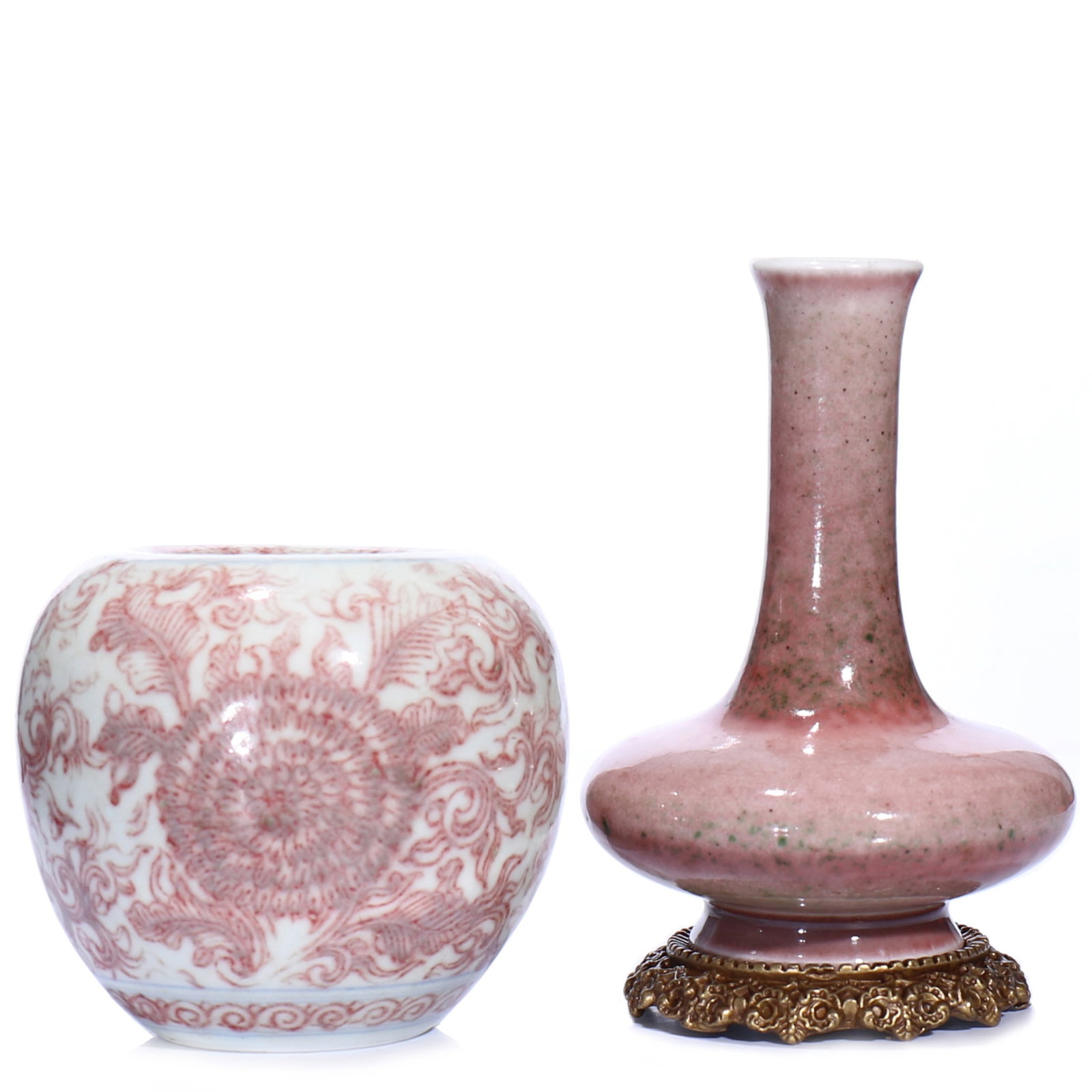 Two Chinese Copper Red Glazed Porcelain Vase And Water Drop: Water drop H 7 cm D 8 cm. Vase H 10 cm, height including accessories 11 cm.