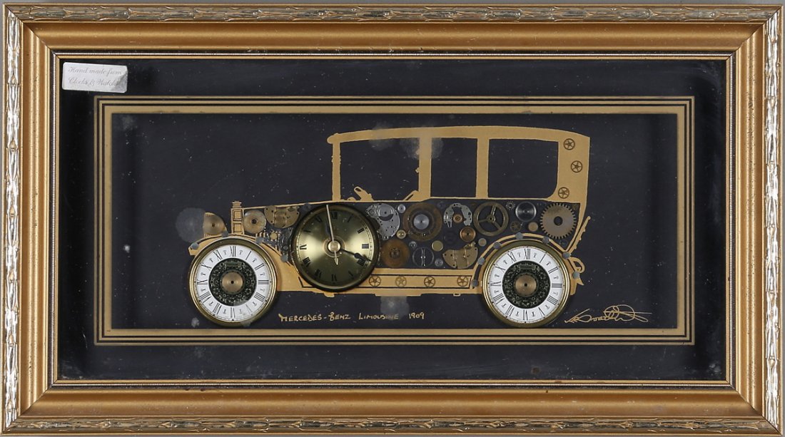 KEN BROADBENT \'Mercedes-Benz limousine 1909\': KEN BROADBENT \'Mercedes-Benz limousine 1909\' signed collage. Ken Broadbent quality collage is individually handmade mainly from watch and clock parts. Framed under glass, signed lower right corner. 