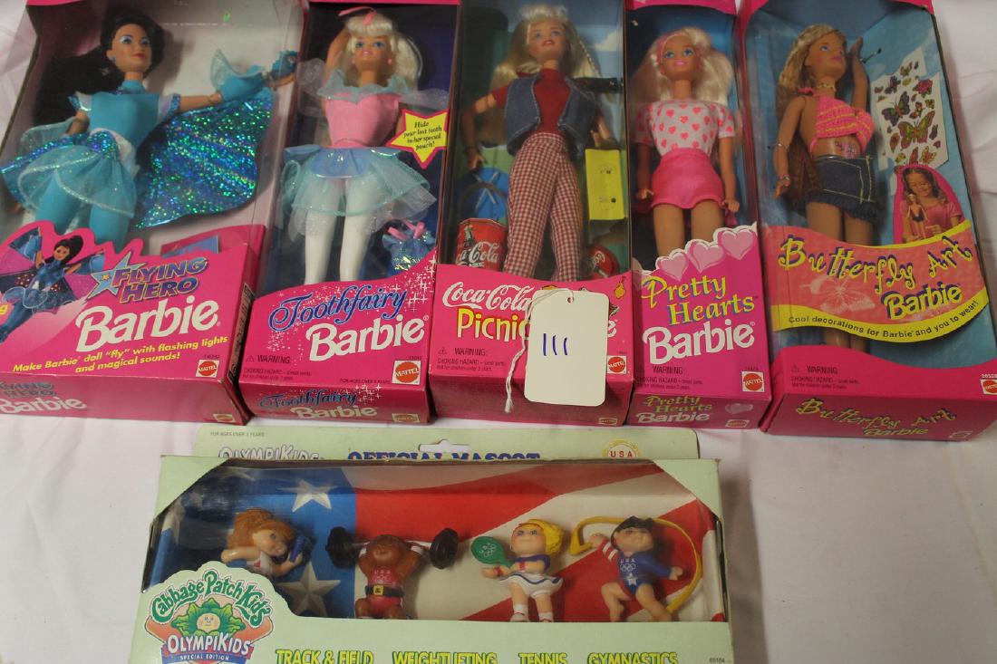 Lot of brand new-old-stock Barbie Dolls: Pretty Hearts, Butterfly Art, Flying Hero, Tooth Fairy, and Picnic Barbies plus Cabbage Patch Olympikids