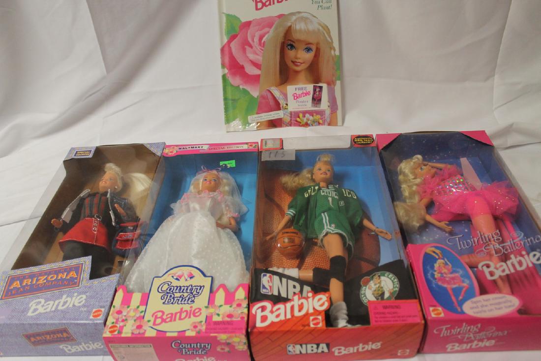 Lot of brand new-old-stock Barbie Dolls: Celtics Barbie, Twirling Ballerina Barbie, Arizona Jean Company Barbie, and Country Bride Barbie.