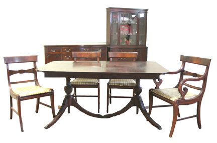 Mahogany Dining Room Set: 1930 - 9 piece mahogany dining room set, Duncan Phyfe style (table, 6 chairs, server and china cabinet). Table: 30" high x 76" wide x 42" deep (1 leaf 12" wide); server: 36" high x 63" wide x 21" deep