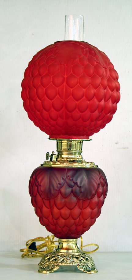"Gone With The Wind" Lamp with Red Glass: "Gone With The Wind" lamp with Red Artichoke Glass, previously gas, electrified, can be restored to oil burning