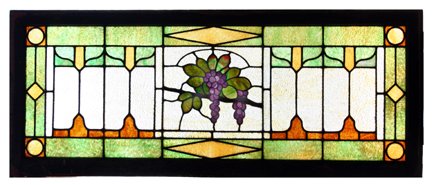 Stained Glass Transom: American antique stained glass transom with grapes -- original frame - 24 3/4" high x 61" wide