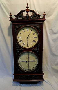 Ithaca Calendar Clock Co., Ithaca, NY,: Ithaca Calendar Clock Co., Ithaca, NY, Two weights hand from the side. Serial #1282. 48" High to top of finials. The finials have been replaced. Top middle has been repaired. 38