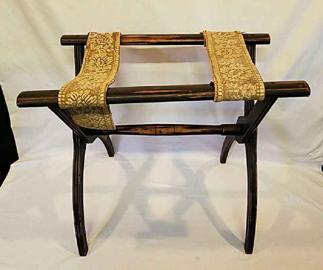 FOLDING WOOD LUGGAGE RACK HOTEL SUITCASE STAND: FOLDING WOOD LUGGAGE RACK HOTEL SUITCASE STAND. 20"tall 22"deep. Need repair