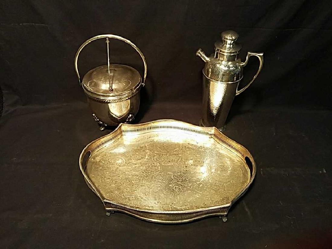 Silver plate rimmed tray, ice bucket & shaker (1 of 7)