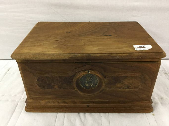 Antique pine sewing box with metal and burl engraving Sep 17, 2016 Skip Domingos Auction in CA