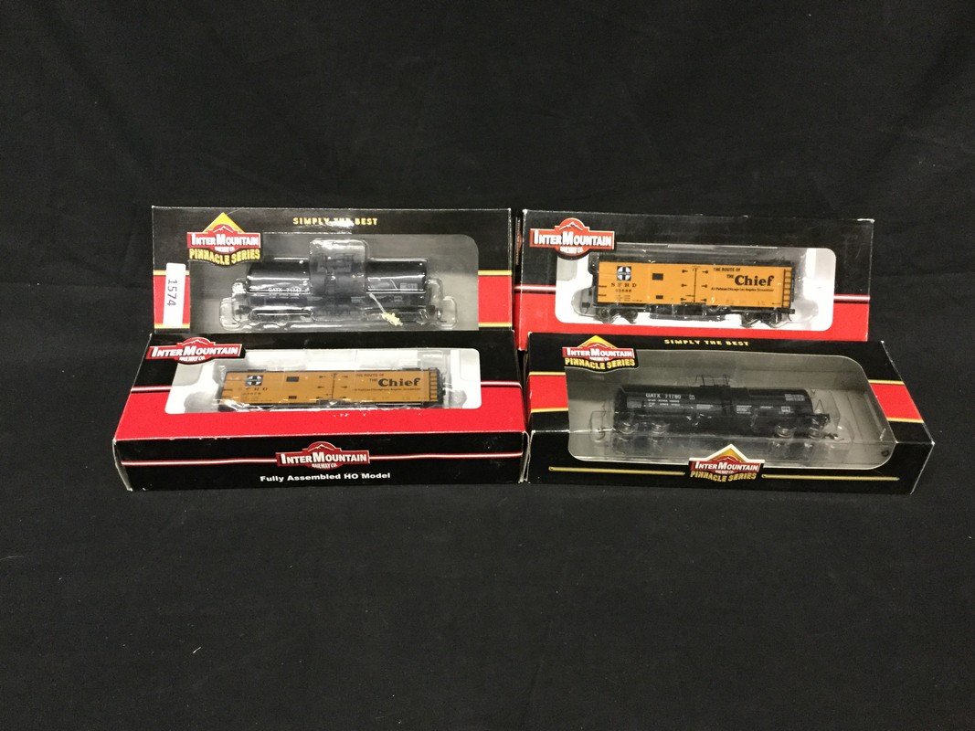 Four InterMountain Railway co. Ho scale cars: Four InterMountain Railway co. Ho scale cars; Santa Fe Refrigerator car Chief RR-23(Ship & Travel) car #31688, Santa Fe Refrigerator car Chief Ship & travel car #33079, 19,600 gallon tank car GATX car
