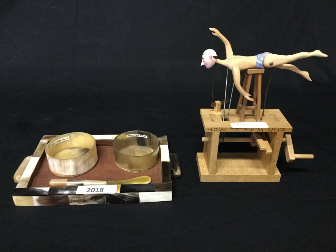 Swimming figure art piece and acrylic condiment dishes: Swimming model wood art piece signed Matt Smith and acrylic condiment dishes with tray and knife. largest 8"x6"