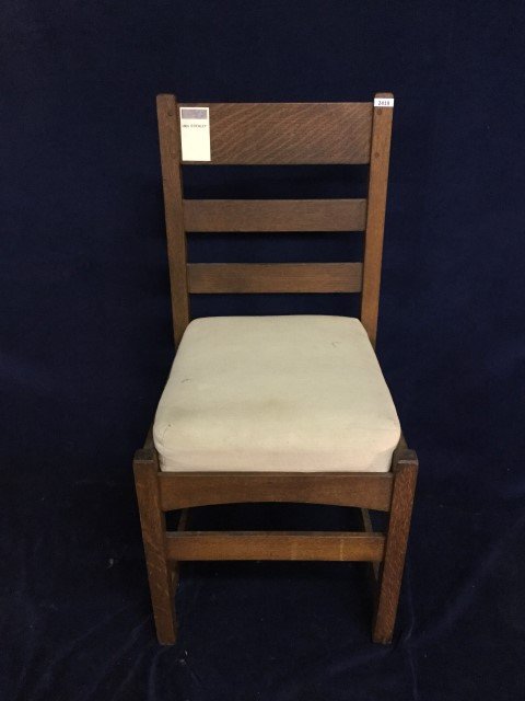 L&JG Stickley oak chair: L&JG Stickley oak chair. Labeled, refinished and re-upholstered. 35" tall