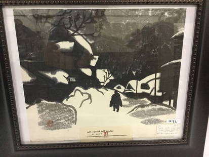 Kiyoshi Saito (1907 - 1992) "Winter village landscape": Kiyoshi Saito (1907 - 1992) "Winter village landscape" pencil signed. (tears to the bottom right) Sight. 17.5" x 15.5" Framed 26" x 22"