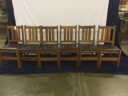 6 Stickley Chairs: 6 Stickley Chairs. All with reupholsterd bottoms 36"x18"x16" Three have "The work of L. and J.G Stickley" branded Two have L. and J. G. stickley decals Final one matches but not marked