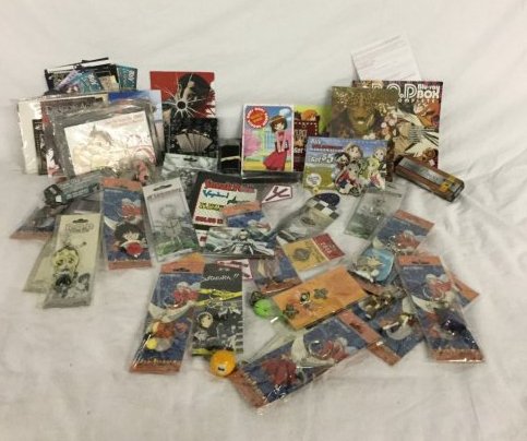 Box of anime collectibles: box of anime keychains postcards and memorabilia