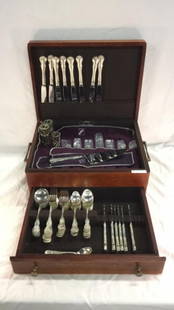 Set of Towle sterling silverware and silver cups: Set of sterling silverware and silver cups. Knives have Sterling handles. Forks and spoons approx 47.21 troy oz. Knives and cake server with stainless steel blades total weight approx 30.2 oz.