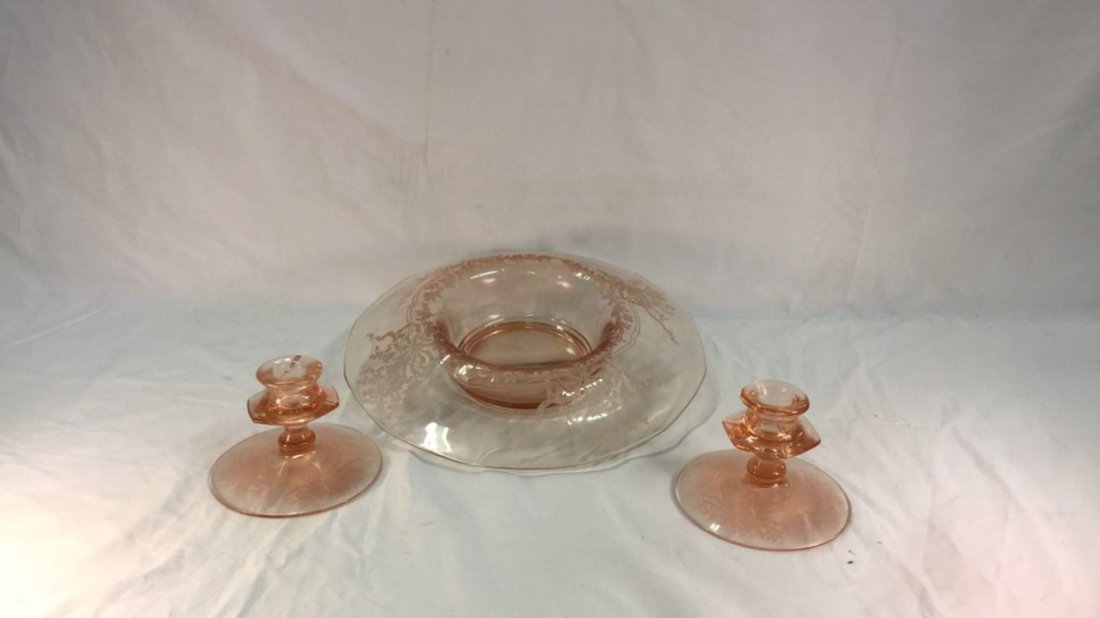 Pink glass candle stands and flower bowl: Pink etched depression glass candle stands 3.5" tall and flower bowl 12" diameter