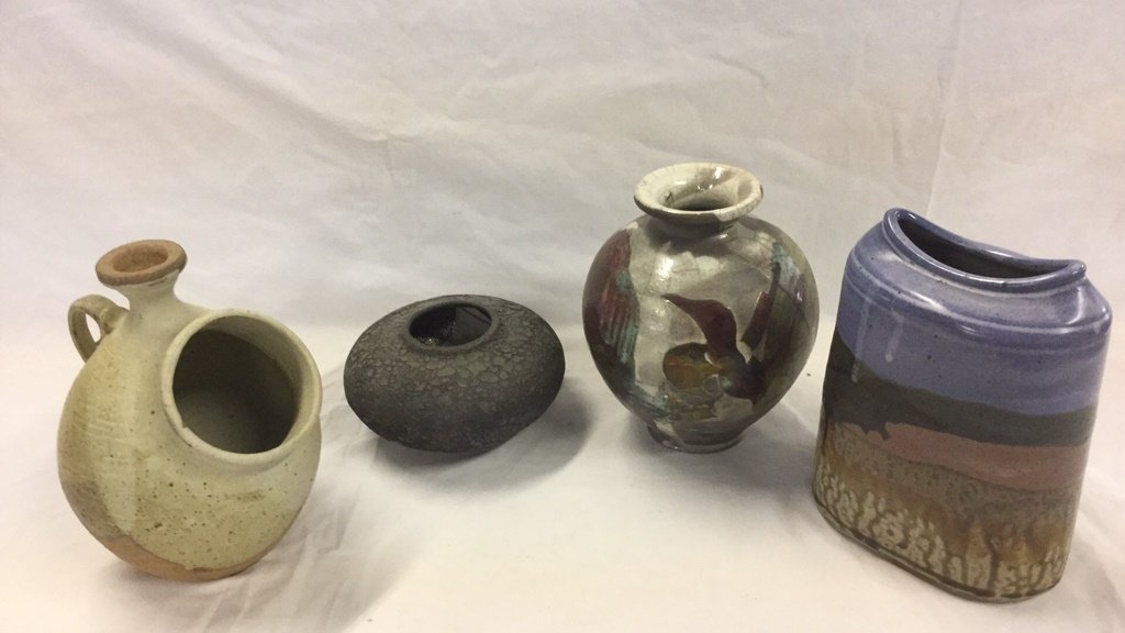 4 earthenware vases: 4 earthenware vases. Misc shapes. Tallest is 8"tall.