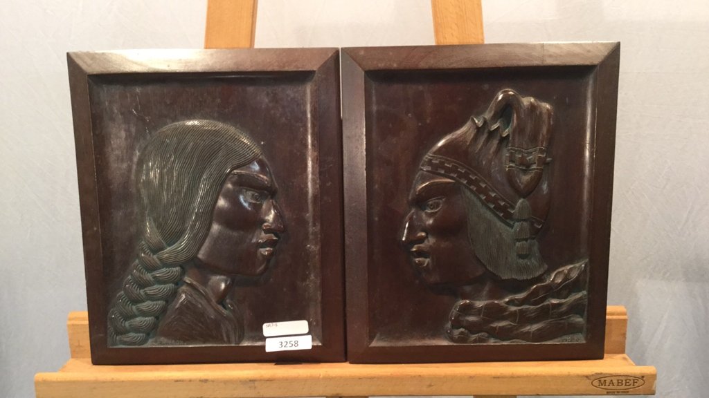 Incan wood panel art: Three pieces of Incan wood panel art 12x10 12x10 and 14.5x12.5 by F. Barron