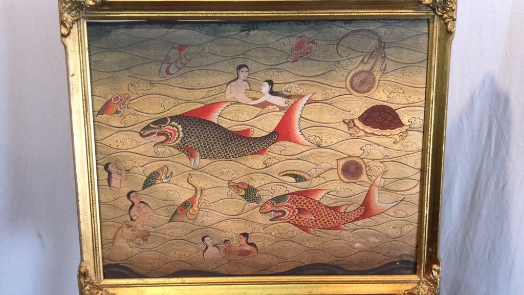Indonesian style painting of bathers: Indonesian style painting of bathers. 18"x22"