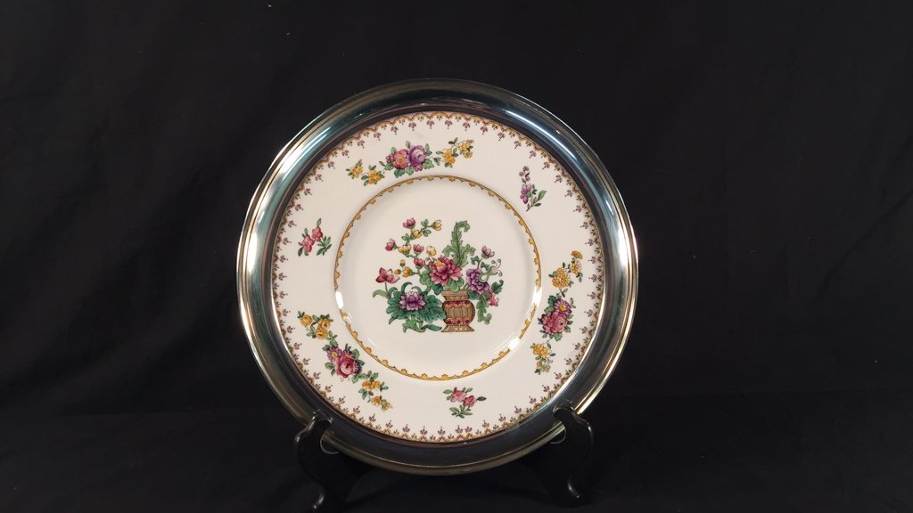 Sterling Rim Shreve & Co./Spode Large Floral Plate: Sterling Rim Shreve & Co./Spode Large Floral Plate Appx. 12.5" diameter. Marked Stering on underside of rim. "PEPLOW" design. Spode Bone China England. Shreve & Co. San Francisco. Good condition.