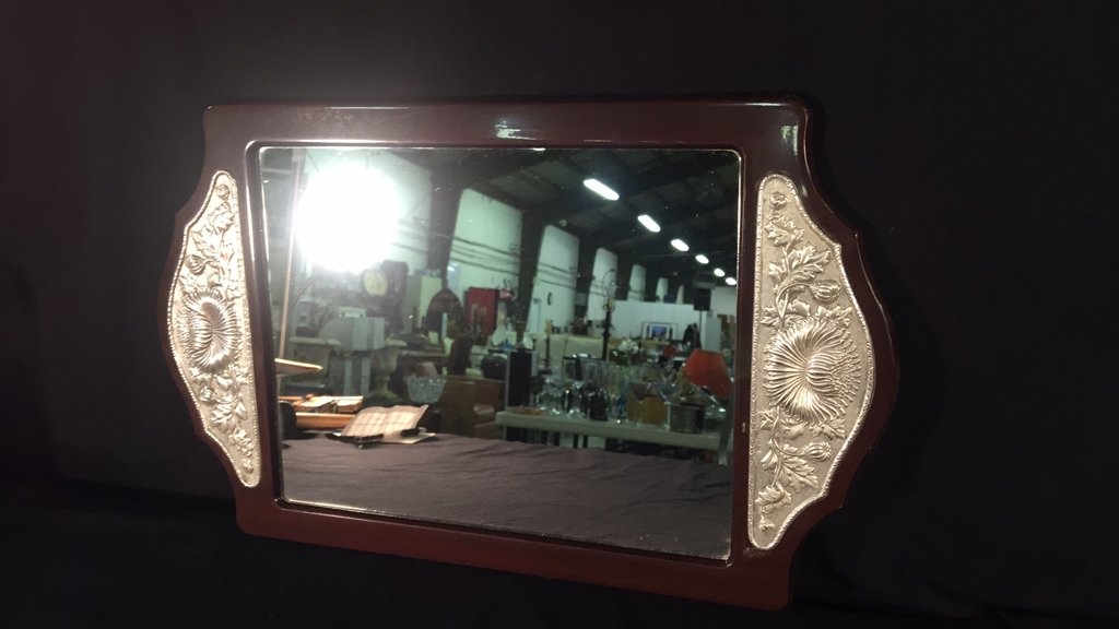 Mahogany Mirrored Tray w/ Sterling Accents: Mahogany Mirrored Tray w/ Sterling Accents. Sterling Silver flower accents. Hallmarked.