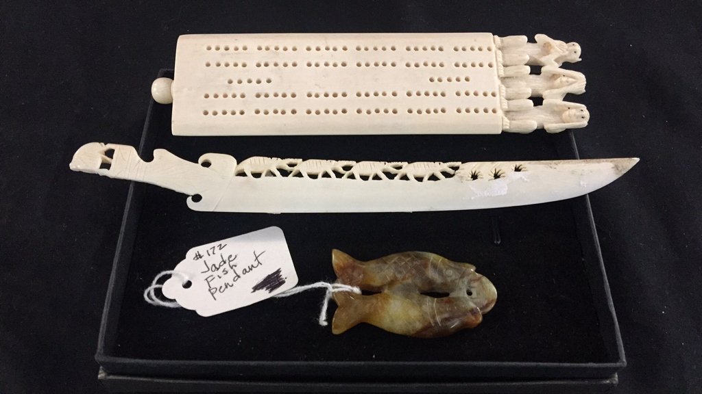 Lot of Bone Collectibles and Jade Pendant: Lot of Bone Collectibles and Jade Pendant. Scribbage board appx 6.5". Letter opener appx. 8" long. Jade pendant appx 2" long.