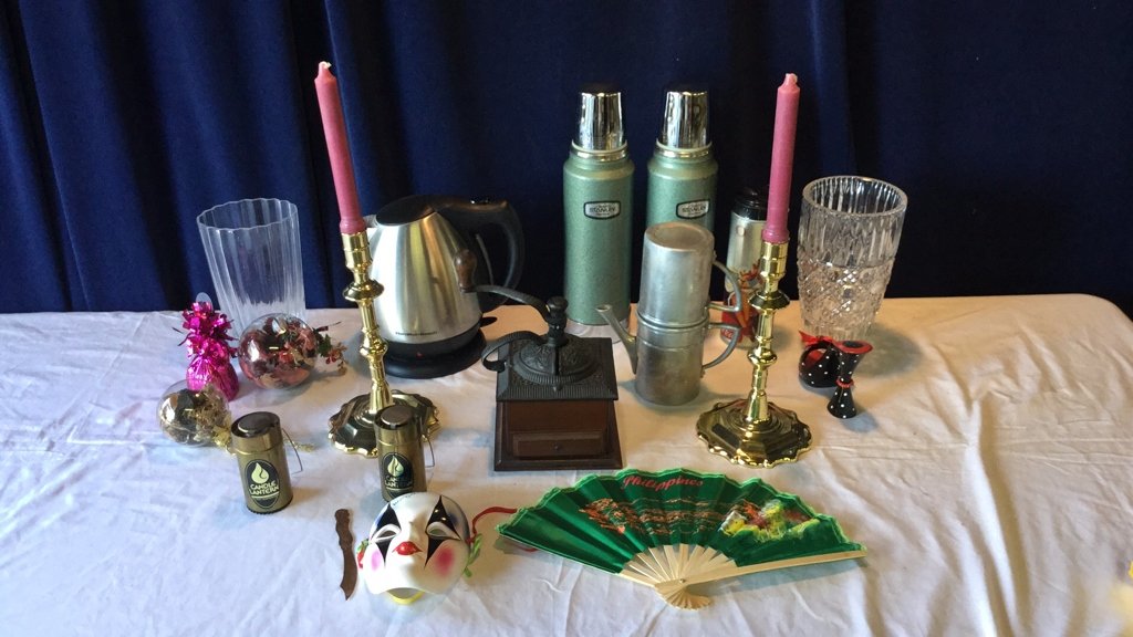 Lot of misc. collectibles with coffee grinder: Lot of misc. collectibles with coffee grinder.