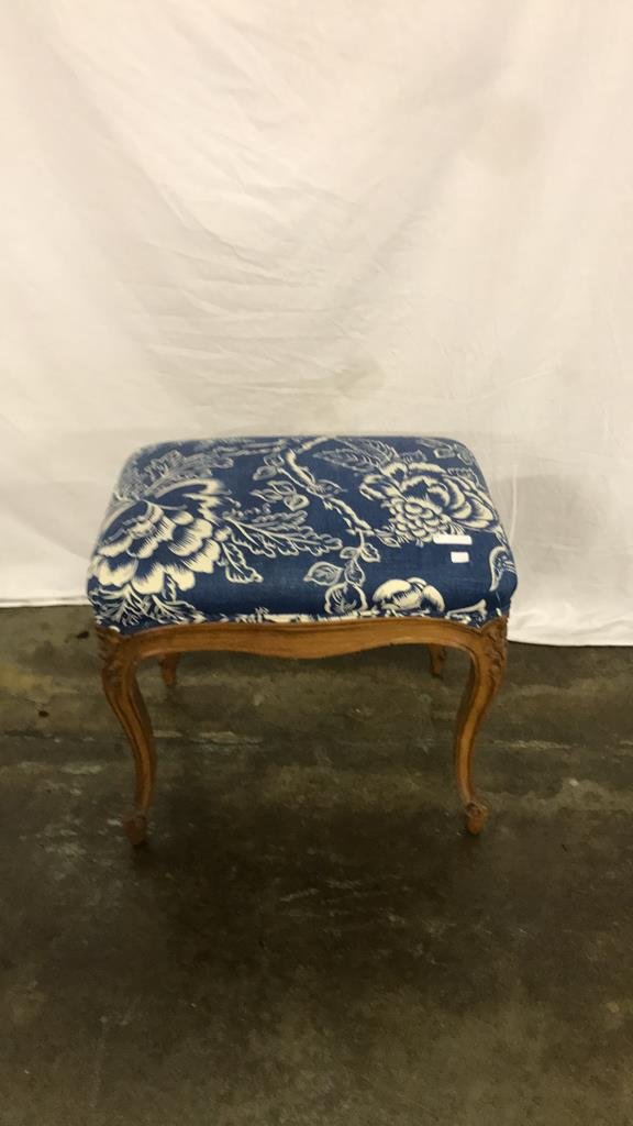 Blue footstool: Blue footstool with white floral pattern 19" tall