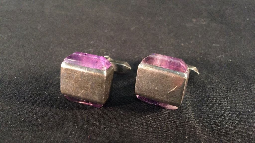 Pair of Mexican Silver Amethyst Cufflinks by Tono (1 of 4)