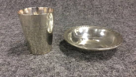 Sterling Silver Dish & Silver Cup: Sterling Silver Dish & Silver Cup. Dish hallmarked underside. Dish appx 5.5" diameter. Cup marked Montreal and Hallmarked underside. Cup appx. 4" tall. Dish appx. 87 grams total weight. Cup appx 150 g