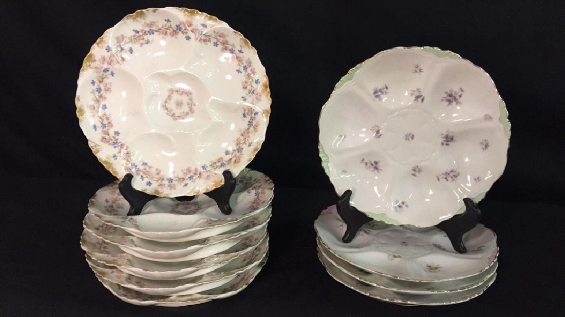 Lot of Antique Appetizer Dishes: Lot of Antique Appetizers Dishes. Haviland Limoges. SG Gumps San Francisco. Appx 8" across. No marking on purple flower dishes. Good