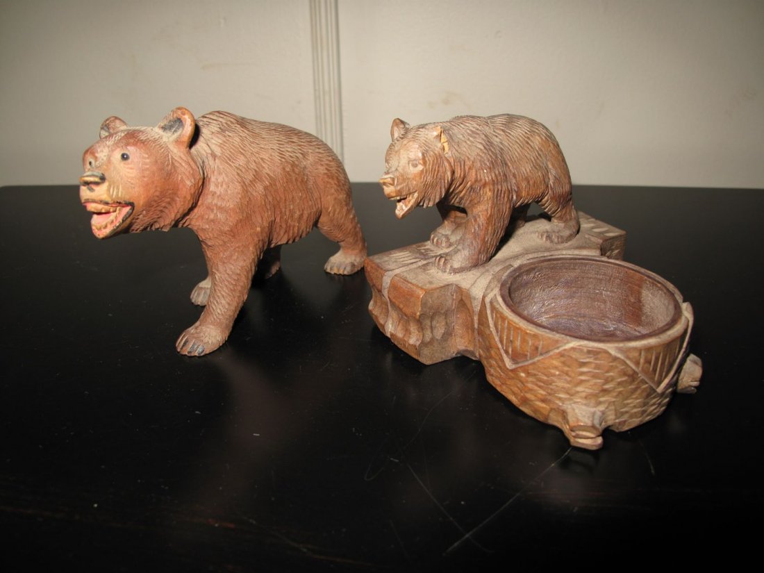 Pair BLACK FOREST CARVED BEARS 1 w Glass Eyes (1 of 9)
