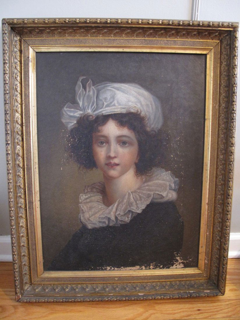Lebrun OIL PAINTING 18th Century Portrait on Canvas: This piece is done IN THE MANNER of Elisabeth Louise Vigee Lebrun. I believe it to be original based upon other examples of her work and the obvious age of the piece. Everything with it seems correct