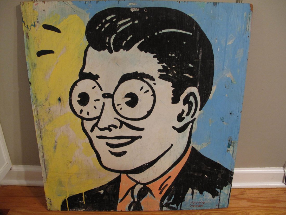 ORIGINAL PETER MARS PAINTING ON BOARD "WHAMMY EYES": An original Peter Mars (listed American b1959) painting on reclaimed board. Brightly colored Pop Art painting entitled "Whammy Eyes," c.1989. Signed on front and signed/dated verso. Board measures app