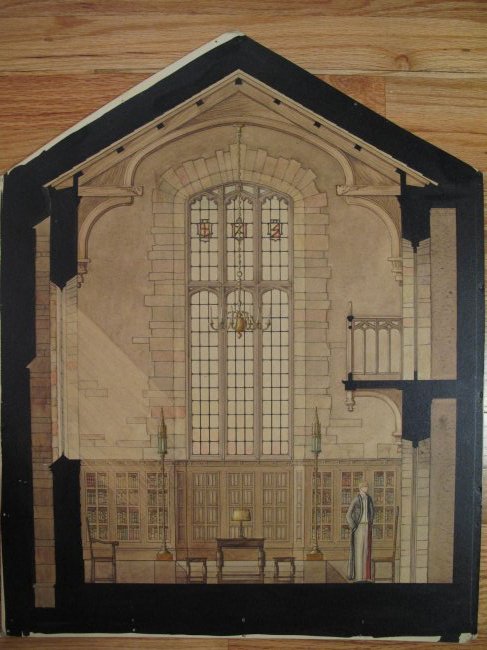 PAUL RITTER MACALISTER INK WATERCOLOR INTERIOR LIBRARY: An original ink and watercolor sketch of the interior of a library by Paul Ritter Macalister (American b1901-d1990). Approximate dimensions 24 5/8\\\" high by 19 1/4\\\" wide. Unframed, unsigned. Prov