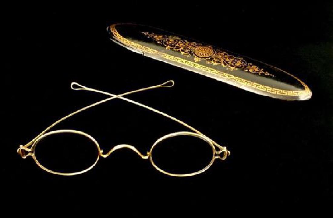 1859 Hallmarked 14k Gold Eyeglasses AL & Company: A beautifully simple pair of Noel's AL & Company 14k solid gold rimmed spectacles. Scrolling bridge and looped temple tips. Marked Noel's Pat Jan 11, 1859 on the inner left temple and 14k AL & Co on t