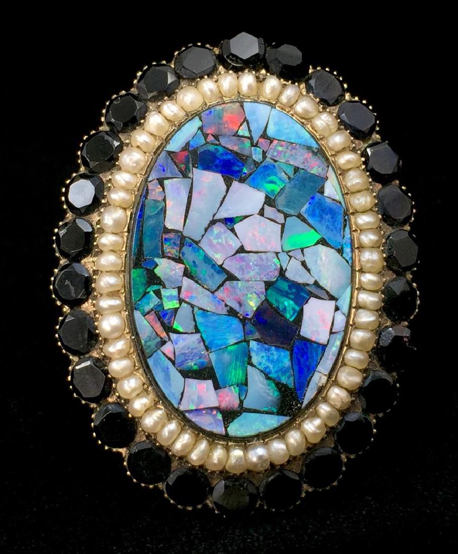 Gold Victorian Brooch-Pin with Onyx, Opal and Pearls (1 of 4)