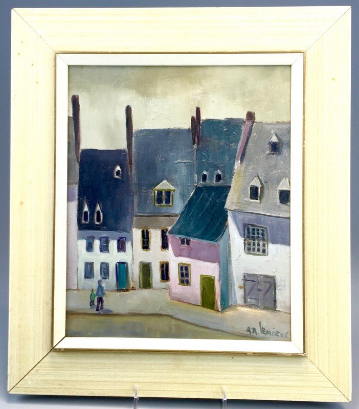 Framed Oil on Canvas by A.R. Lemieux: French Canadian artist A.R Lemieux titled "Des Remparts" - Quebec. Classic rowhouse image with deep, rich colors. Nice subject matter. Image measures 9.5" x 11.5". Overall 14" x 17"