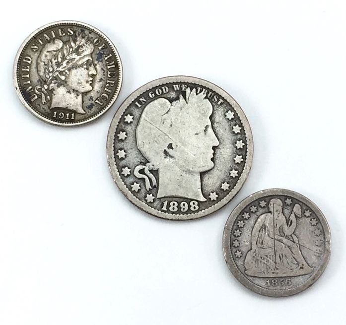 Three US Silver Coins - Barber Quarter Dollar, Barber (1 of 2)