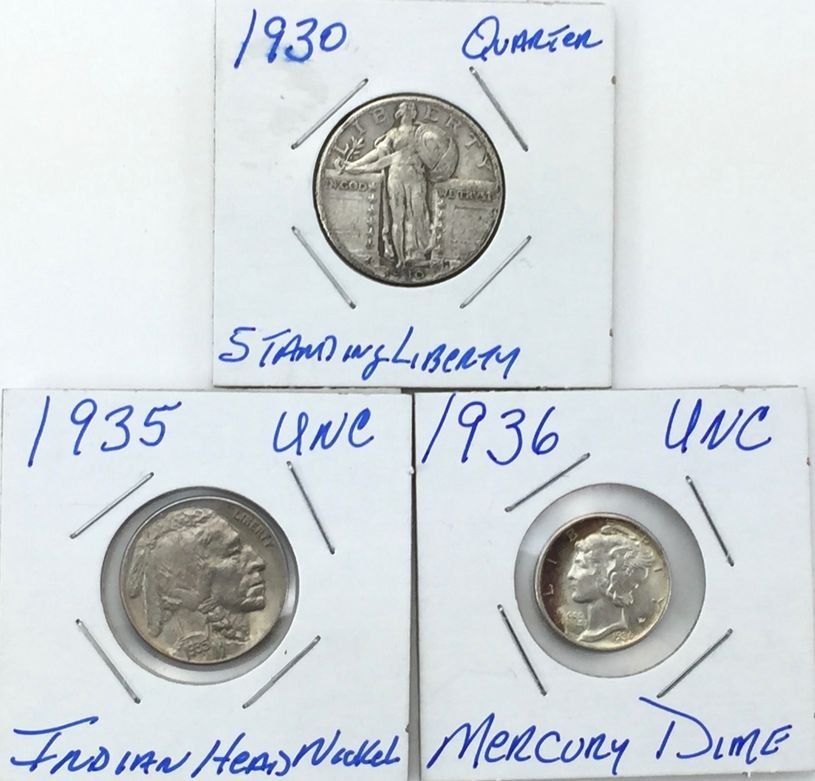 Three US Silver Coins - Mercury Dime, Standing Liberty (1 of 2)