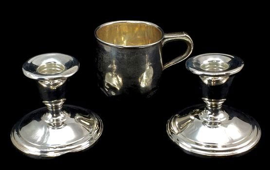 Sterling Silver Cup and a Pair of Matching Candlestick (1 of 4)