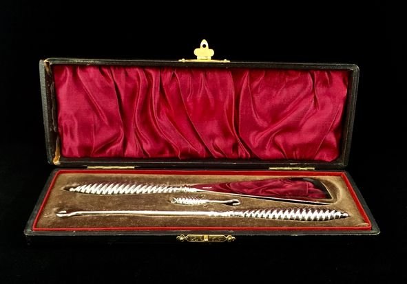 Birmingham Sterling-Handled Steel-Bladed Shoe Horn and: This set, still in its original satin and velvet-lined box, was well cared for - nary a scratch on the tool-end of each piece, which are stamped Steel. Smaller of the hooks has the Birmingham lion sta
