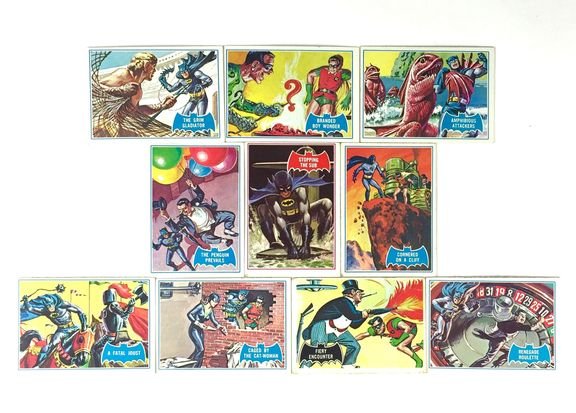 Set of Topps Bubblegum Cards from 1960s Batman TV Show: This colorful set of 10 Topps trading cards from the old Batman TV show were well-cared for and each comes in a protective acrylic sleeve