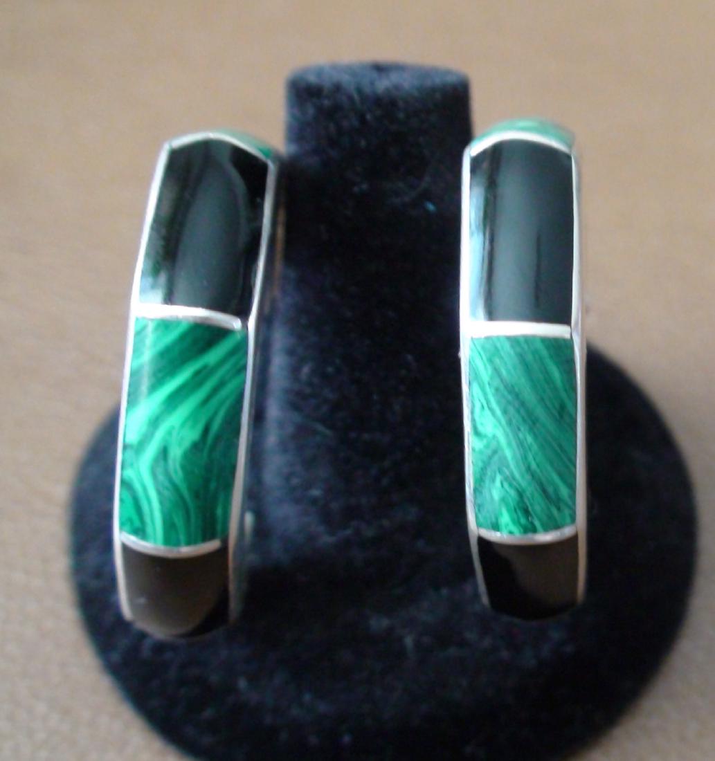 Vintage Taxco Sterling Silver Malachite Onyx Earrings (1 of 4)