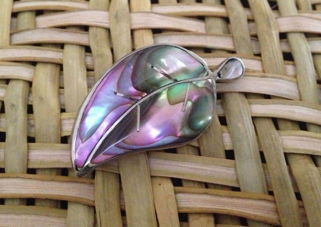 Antique Taxco Sterling Silver Abalone Leaf Brooch Pin (1 of 5)