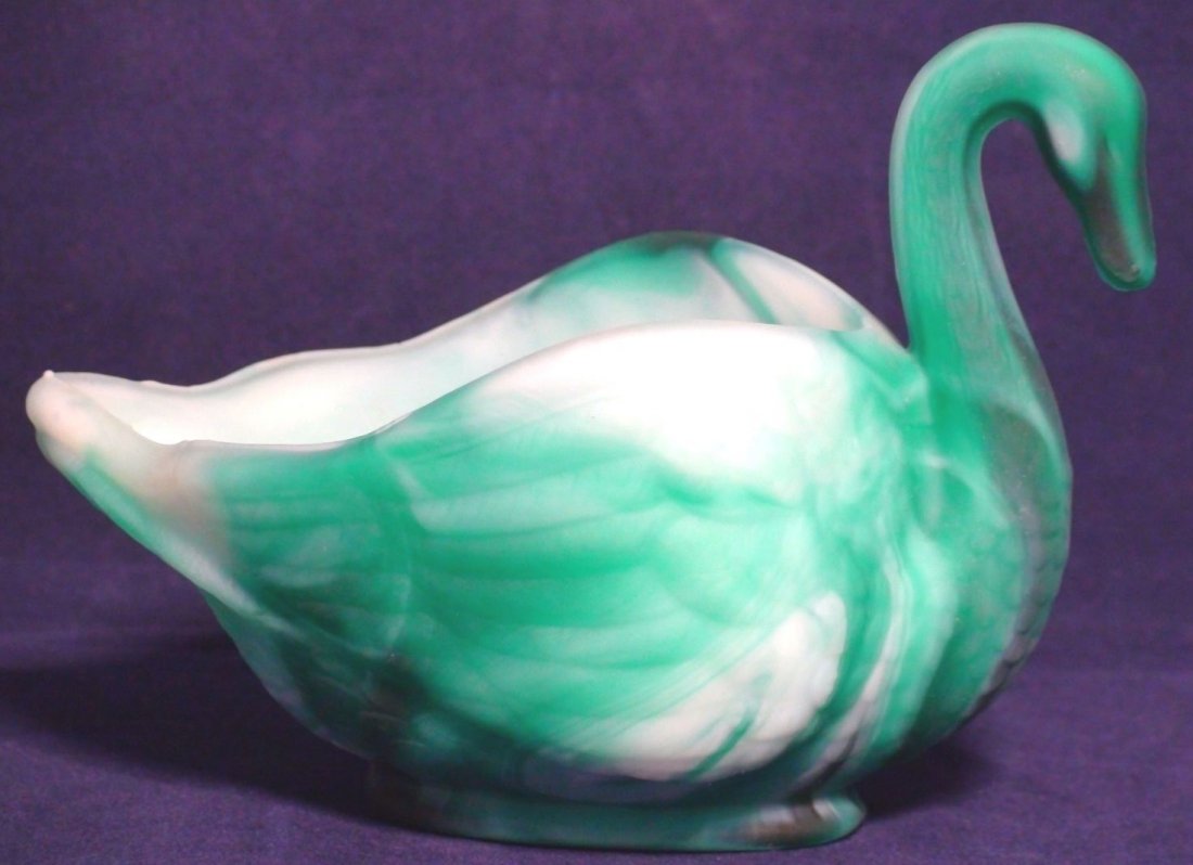 Imperial Glass Green Creme Slag Glass Swan Candy Dish: Here is a beautiful 1970s Imperial Glass Green and Creme Slag Glass Swan Dish/Bowl. It has a matte finish. The green color is amazing it goes from a deep green jade color to a lighter milky green with