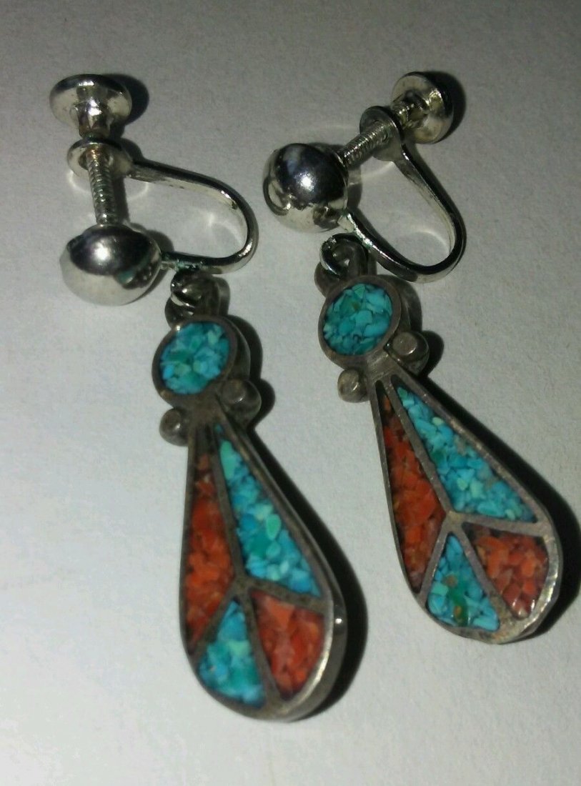 Native American Navajo Silver Turquoise Coral Earrings (1 of 2)