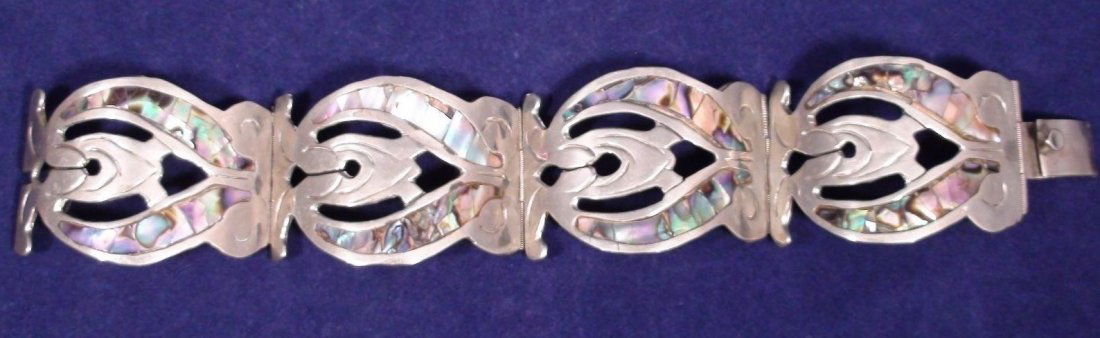 Taxco Art Deco Silver Peacock Abalone Shell Bracelet (1 of 8)