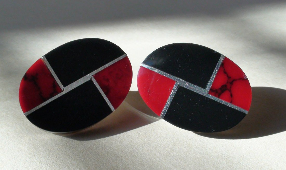 Taxco Mexico Sterling Silver Coral Onyx Stud Earrings (1 of 4)